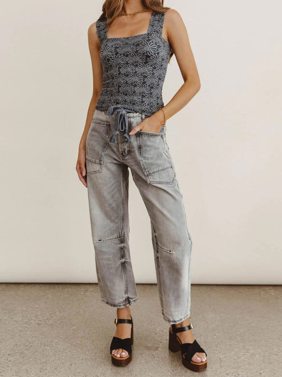 Green jeans with cropped and drawstring