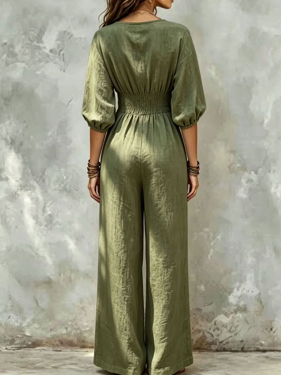 Navy Blue wide-leg jumpsuit with v-neck