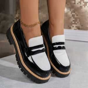 Leather Round Toe Platform Loafers in black with round toe