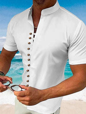 White short sleeve henley shirt with mandarin collar and button front