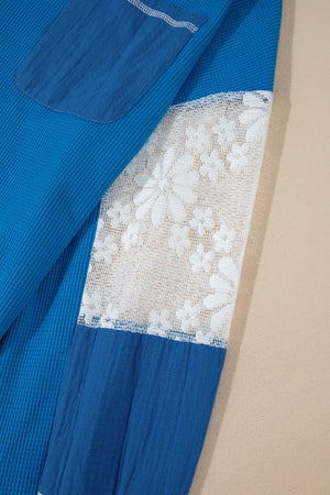 Waffle Knit & Lace Paneled Top in Blue