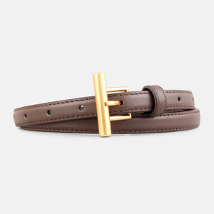 Brown cowhide leather belt with gold T-buckle and subtle stitching detail.