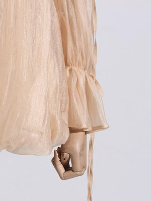 Romantic off-shoulder ruffled blouse in champagne color, with billowy sleeves and adjustable ties.