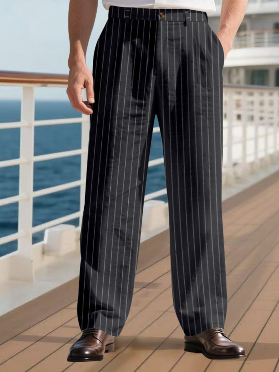Men's black pinstripe wide-leg sweatpants with a relaxed fit.
