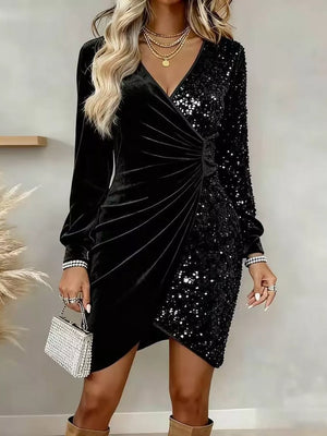 Gold Velvet Sequin Long Sleeve Wrap Dress