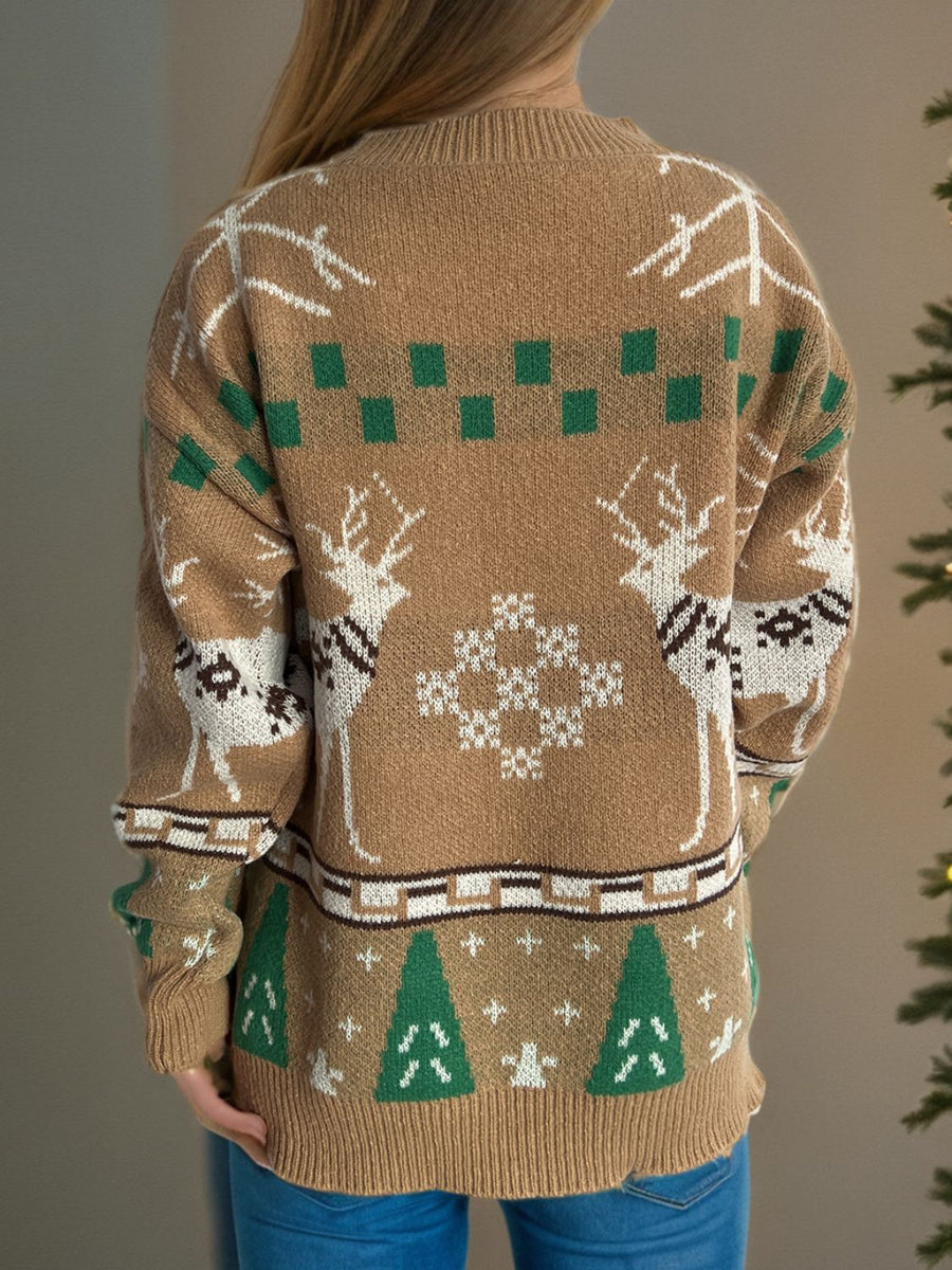 Tan acrylic knit sweater with reindeer, snowflake, and Christmas tree motifs.