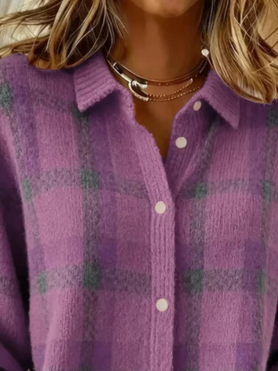 slate blue cardigan featuring ribbed and plaid