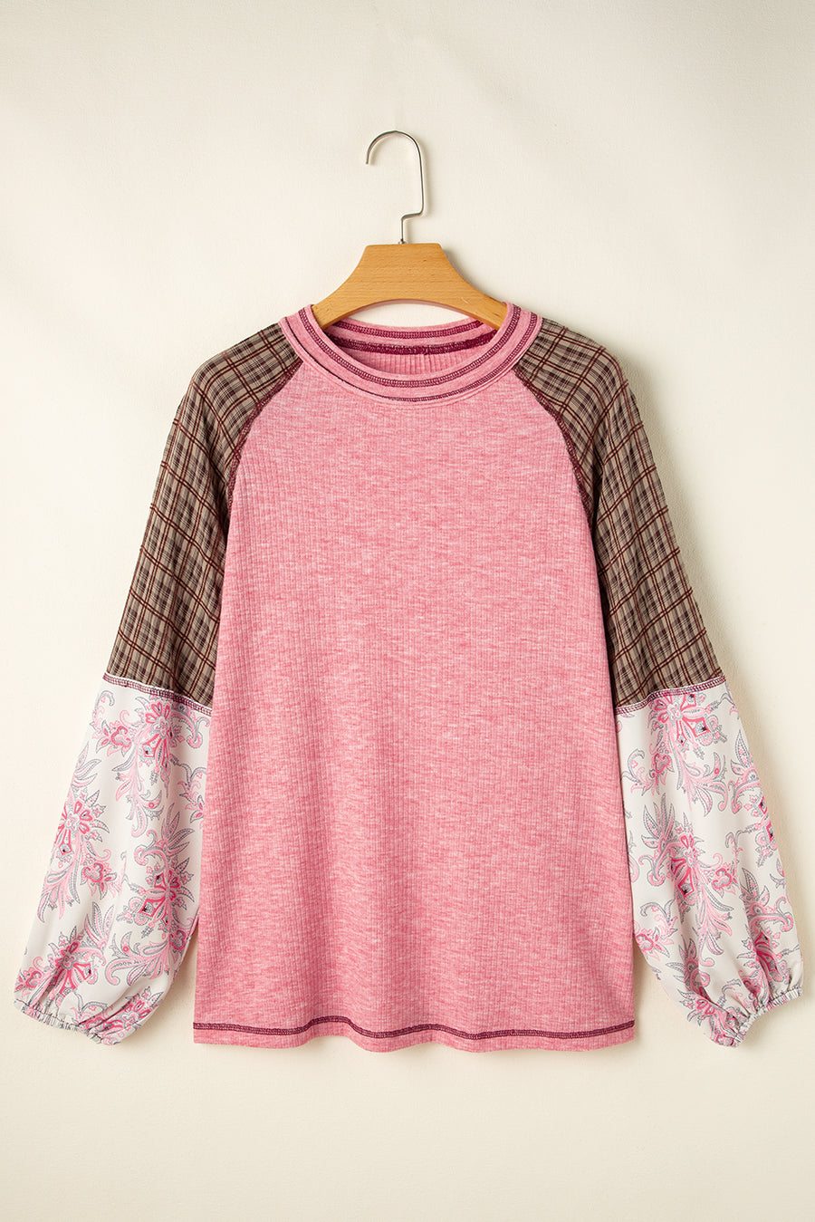 Paisley puff sleeve raglan tee in dusty pink with plaid and floral print sleeves.