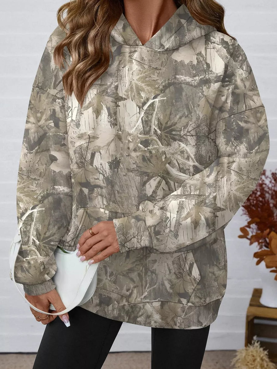 light brown pullover hoodie featuring kangaroo pocket and camo