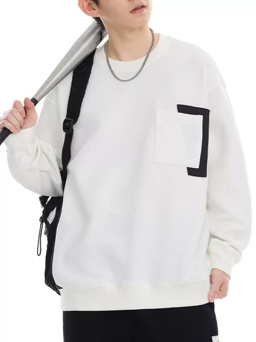 White crew neck sweatshirt with textured pattern and chest pocket detail