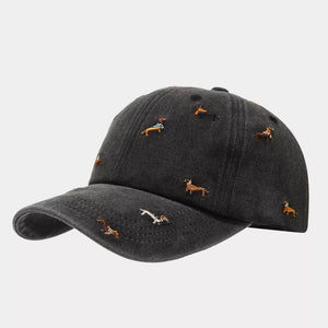 Dog Embroidered Washed Cotton Baseball Cap in Wine Red with embroidered