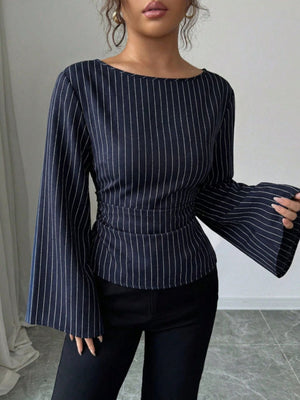 Dark Blue blouse with lace-up and striped