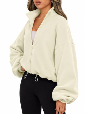 Black windbreaker with drawstring hem and long sleeve