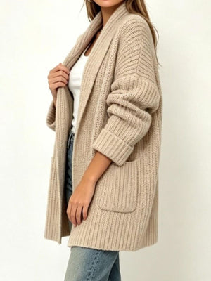 cream cardigan with thigh-length and open-front