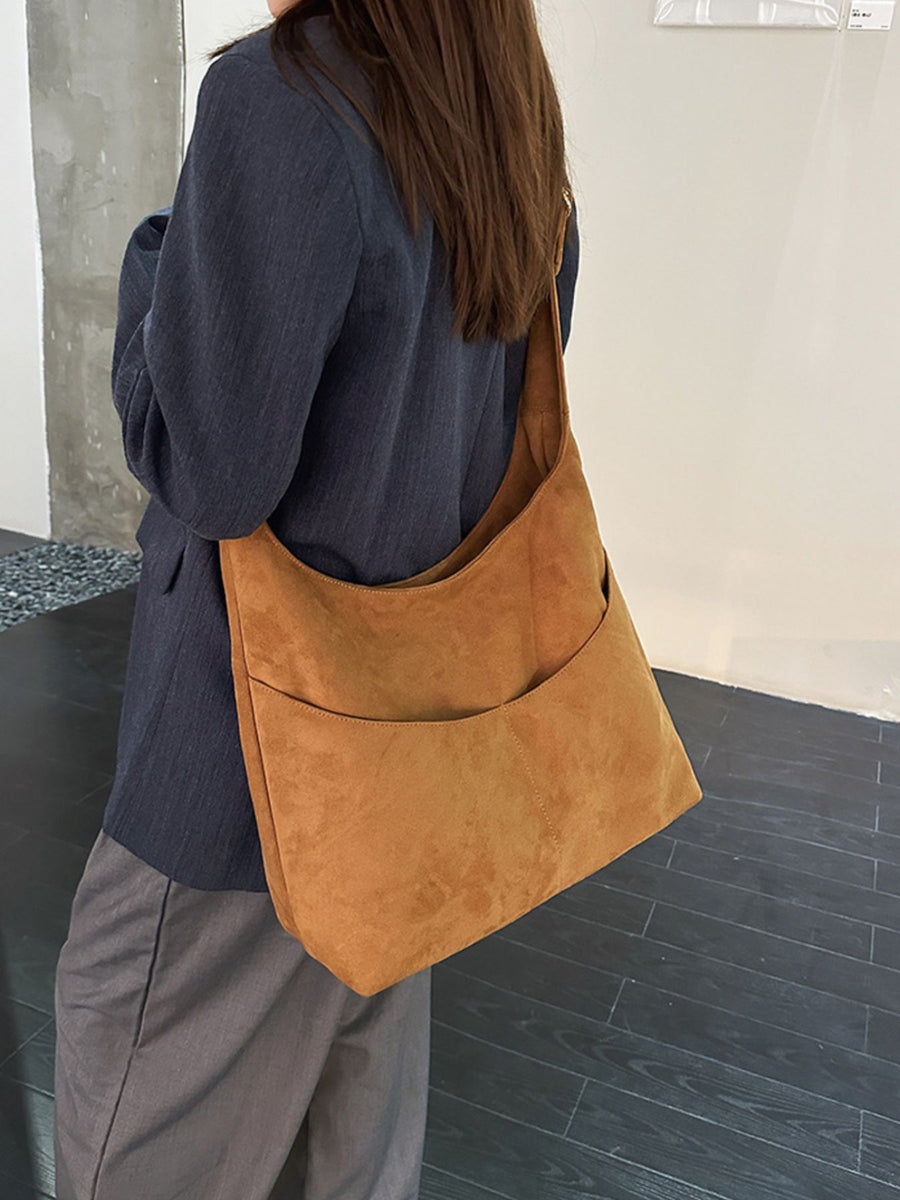 Solid Color Shoulder Bag in Coffee Brown with exterior slip pocket