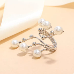 Silver bypass ring with pearls and metallic beads, alloy, casual women's jewelry.