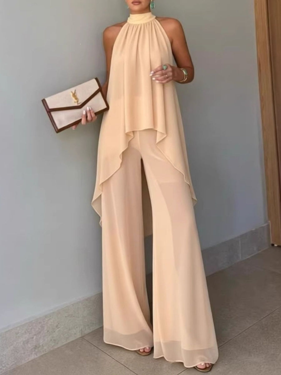 Brown two-piece set with hip-length, tunic-length top with full-length pants and pullover, elastic