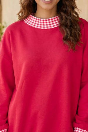 Colorblock Polka Dot Contrast Trim Oversized Sweatshirt in Scarlet