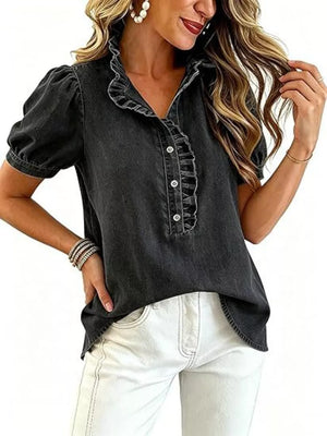 Gray blouse with hip-length and half-button