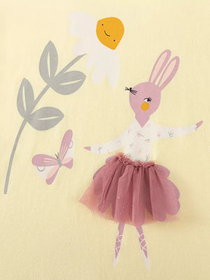 Yellow cotton undershirt with bunny ballerina graphic and pink tutu detail.