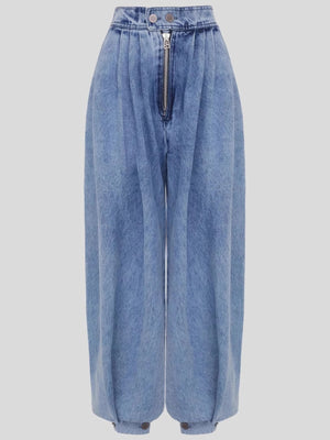 light wash blue jeans with full-length and zip-front