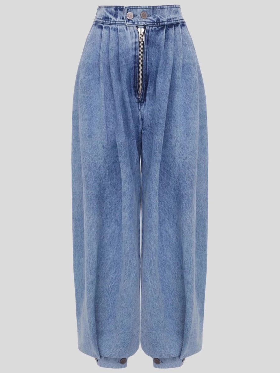 light wash blue jeans with full-length and zip-front