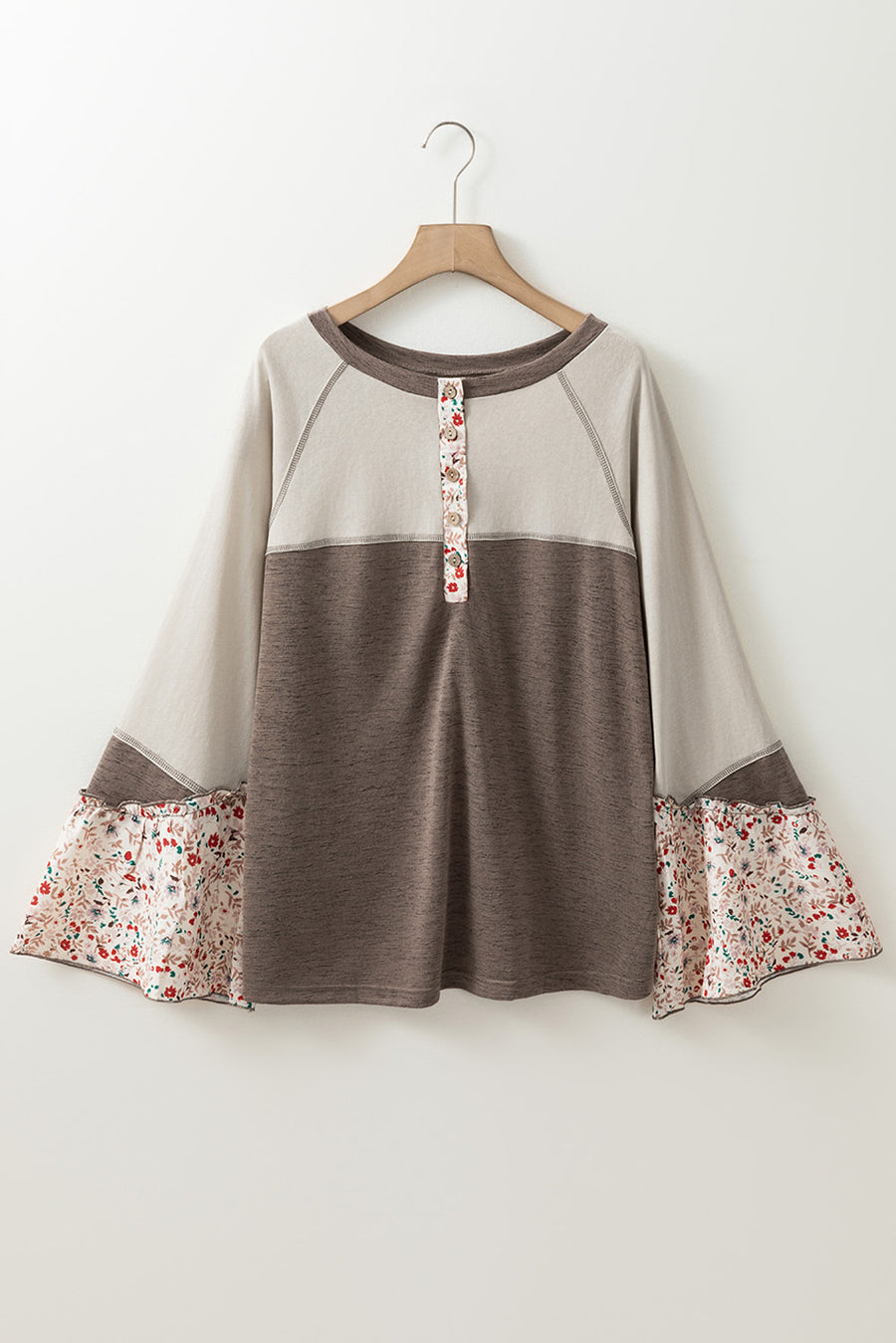 Mocha floral bell sleeve henley top with contrast sleeves and button detail