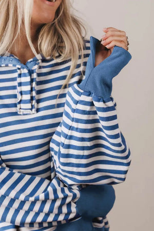 sweatshirt featuring striped in royal blue with 100% polyester Care instructions: Machine wash cold texture