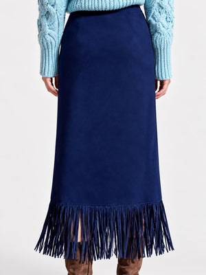 Slit High-Waisted Fringe Midi Skirt in Dark Gray with fringe