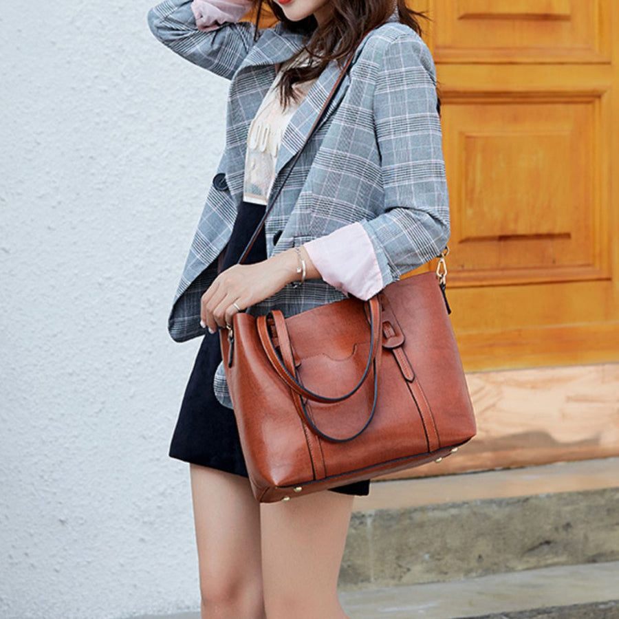 PU Leather Imported Size & tote in cognac with boxy silhouette