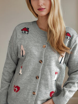 Gray acrylic button-up cardigan with embroidered houses and trees.