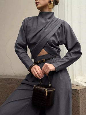 modern two-piece set in charcoal with mock neck