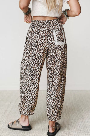 Black with Leopard Print Ankle-length Elastic Waist Pants