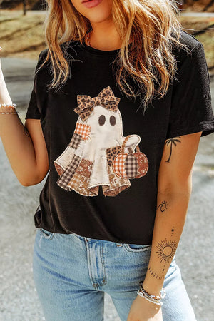 black t-shirt with applique and crew neck