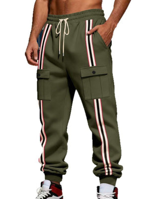 Men's Casual Striped Cargo Joggers Plus Size in Black with drawstring