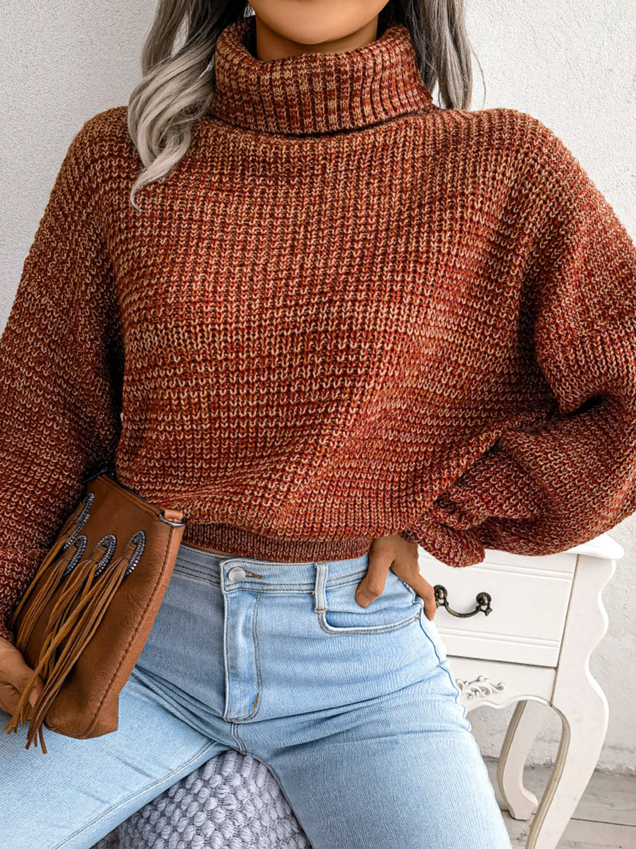turtleneck sweater in emerald green with waffle-knit and waist-length