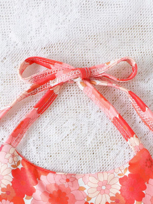 Orange Red with Children's Floral Print Crop Top And Striped Pants Set