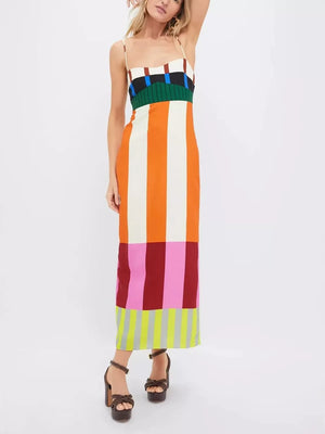ivory midi dress featuring spaghetti strap and color-block