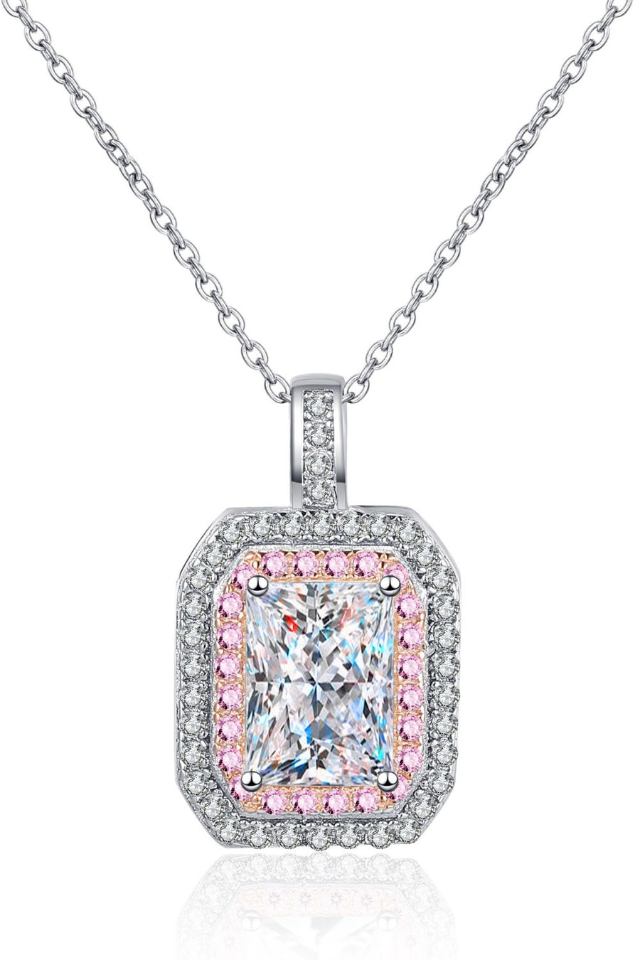 Silver necklace with radiant cut moissanite and pink halo accents