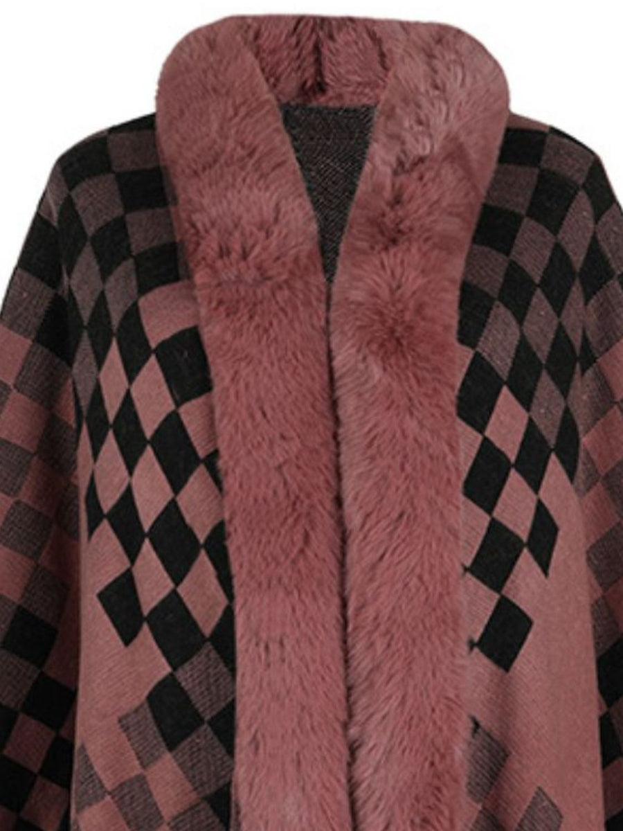 Dusty Pink checkered cape with faux fur trim and open front