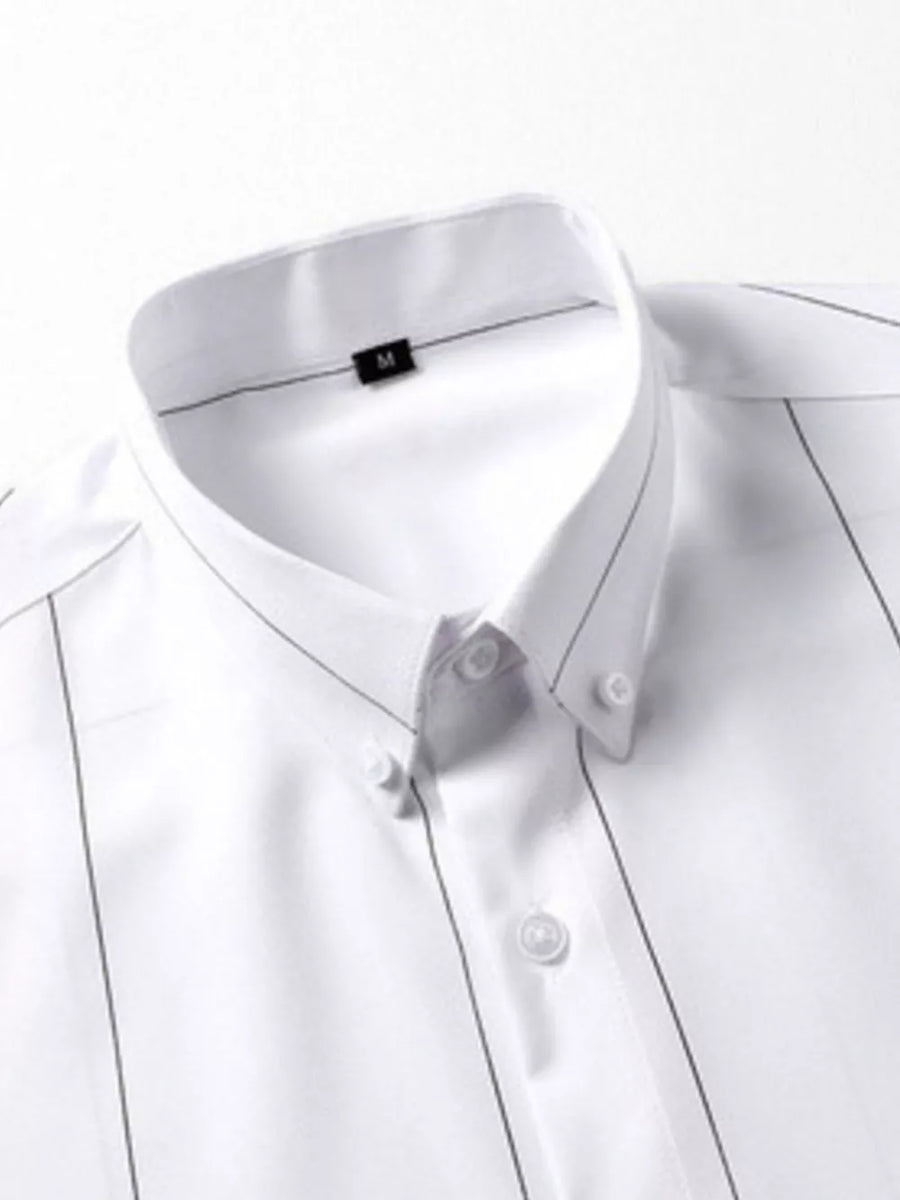 White cotton button-down overshirt with thin pinstripe pattern and button collar.