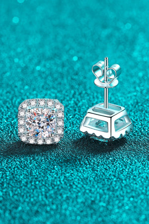 Silver square halo moissanite stud earrings with a cushion-cut center stone.