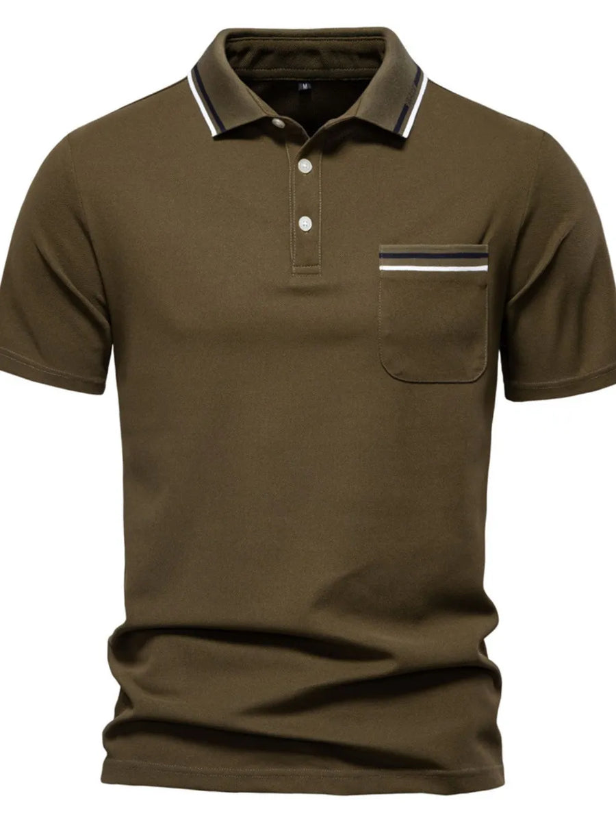 Olive brown textured polo shirt with contrast trim on collar and chest pocket.