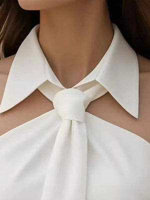 White halter top with waist-length and tie