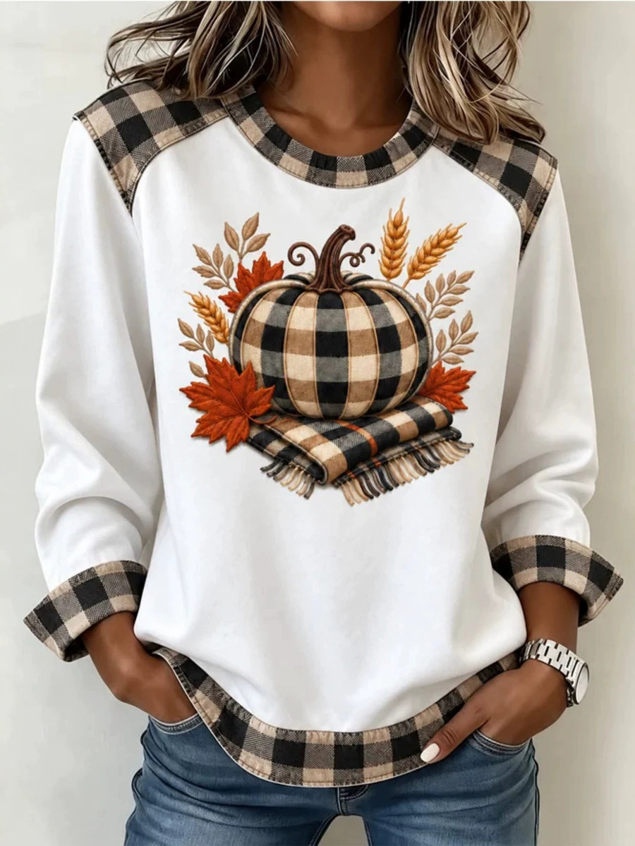 white sweatshirt with plaid and crew neck