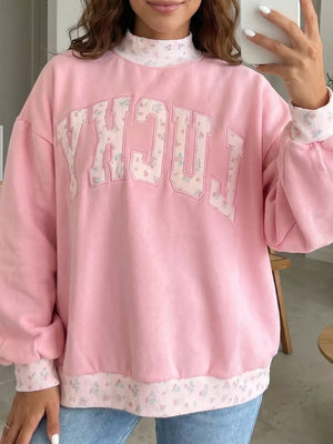Blush Pink High Neck Floral Patch Embroidery Sweatshirt