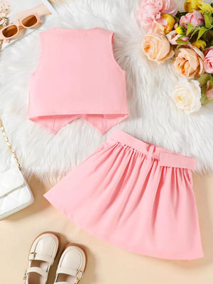 Pink baby vest and pleated skirt set with bowknot detail
