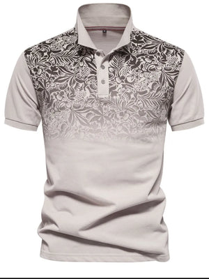 Khaki polo shirt with floral ombre pattern on the yoke and sleeves.