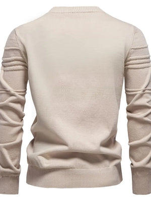 Textured panel crewneck knit sweater in Dust Storm with ribbed details on sleeves and hem.