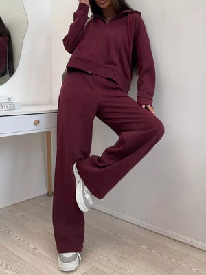 Burgundy relaxed, wide-leg lounge set with hooded